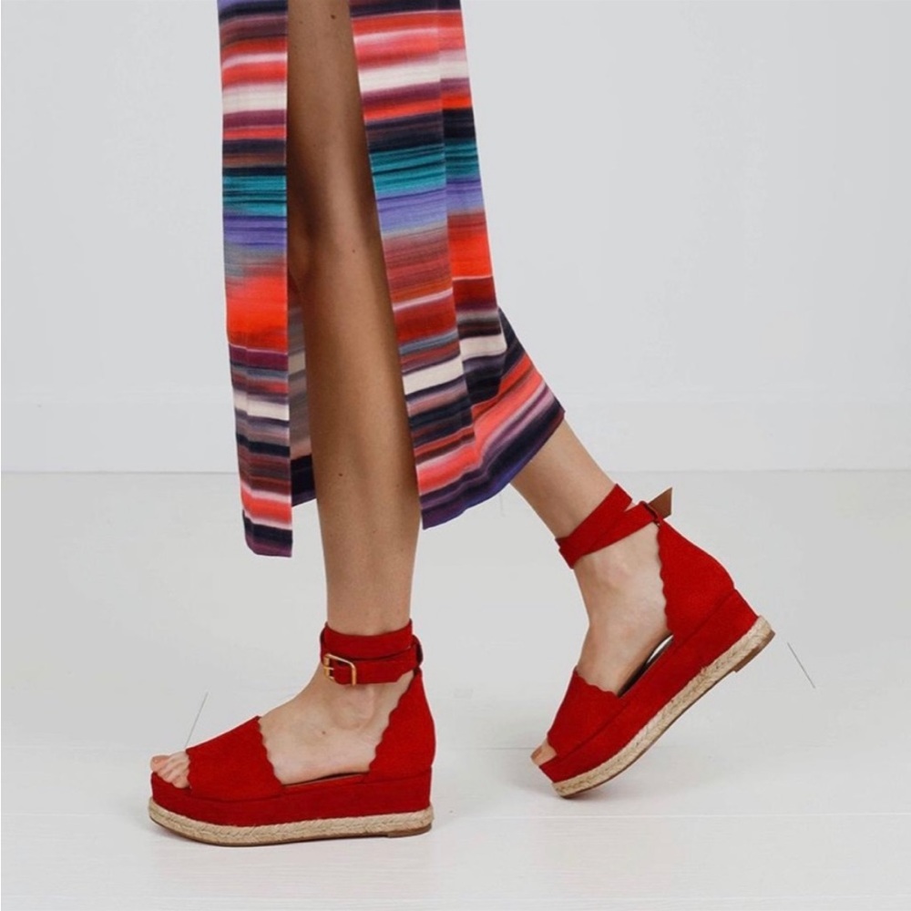 Red Suede Scallop Espadrille Sandals - Women - Picture 2 of 14